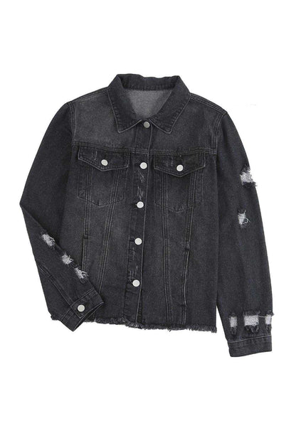 Black Casual Distressed Raw Hem Buttons Denim Jacket 