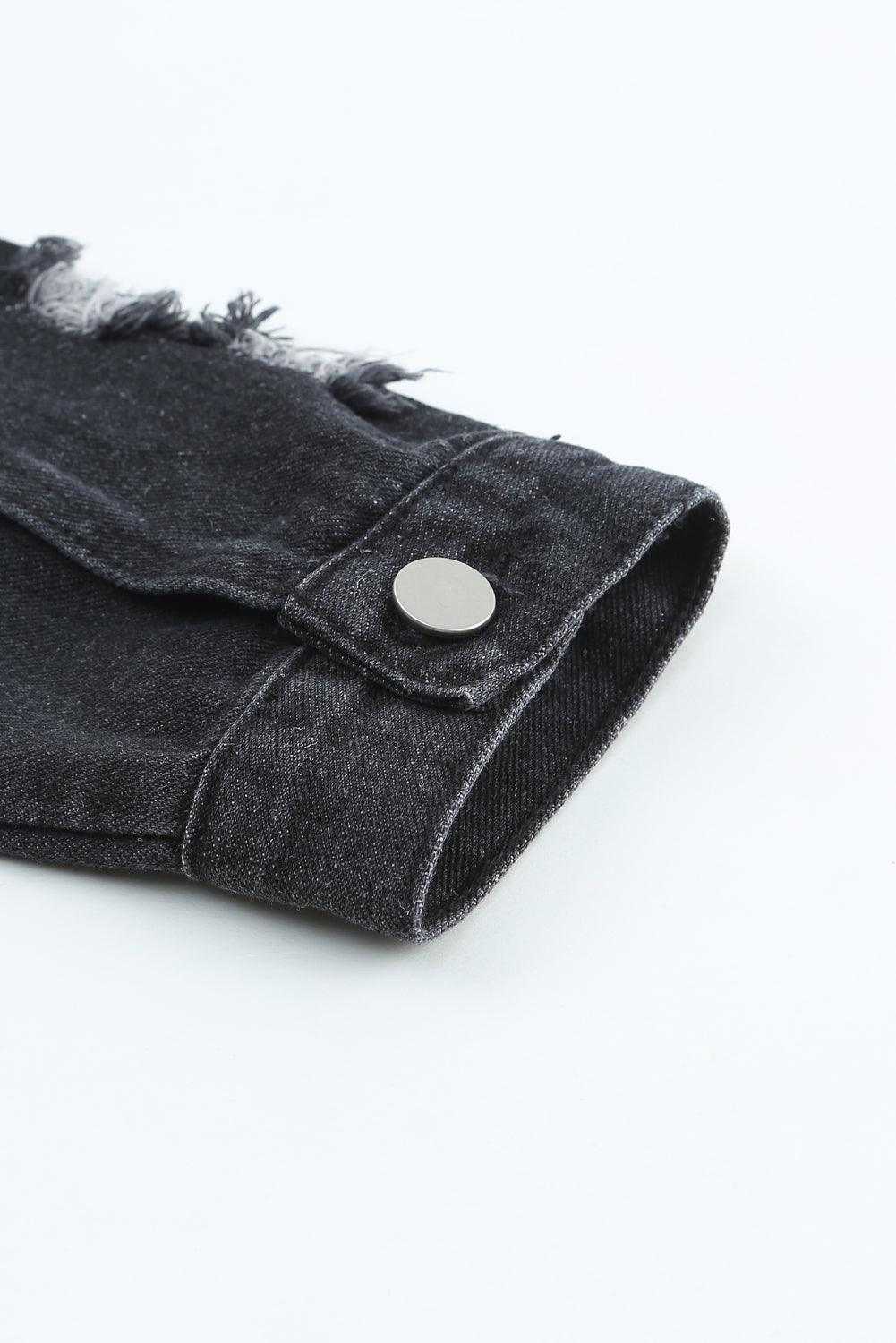 Black Casual Distressed Raw Hem Buttons Denim Jacket 