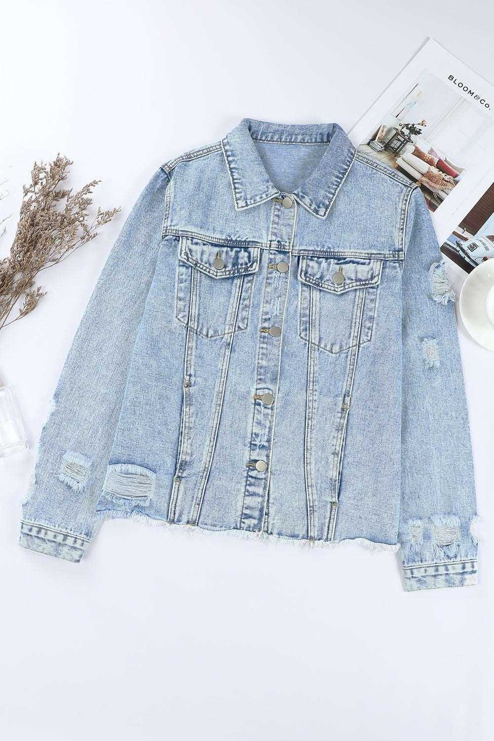 Black Casual Distressed Raw Hem Buttons Denim Jacket 