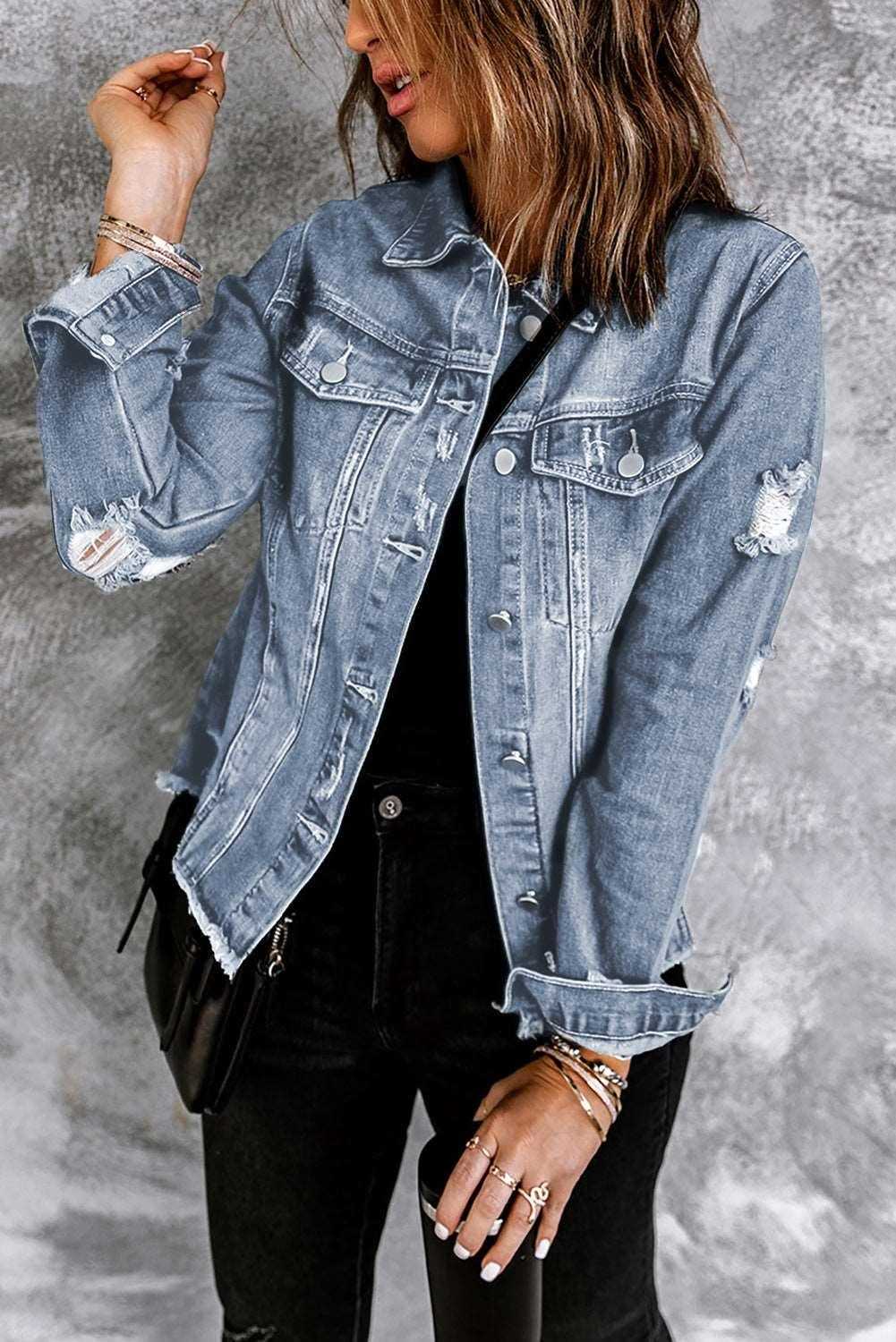 Black Casual Distressed Raw Hem Buttons Denim Jacket 