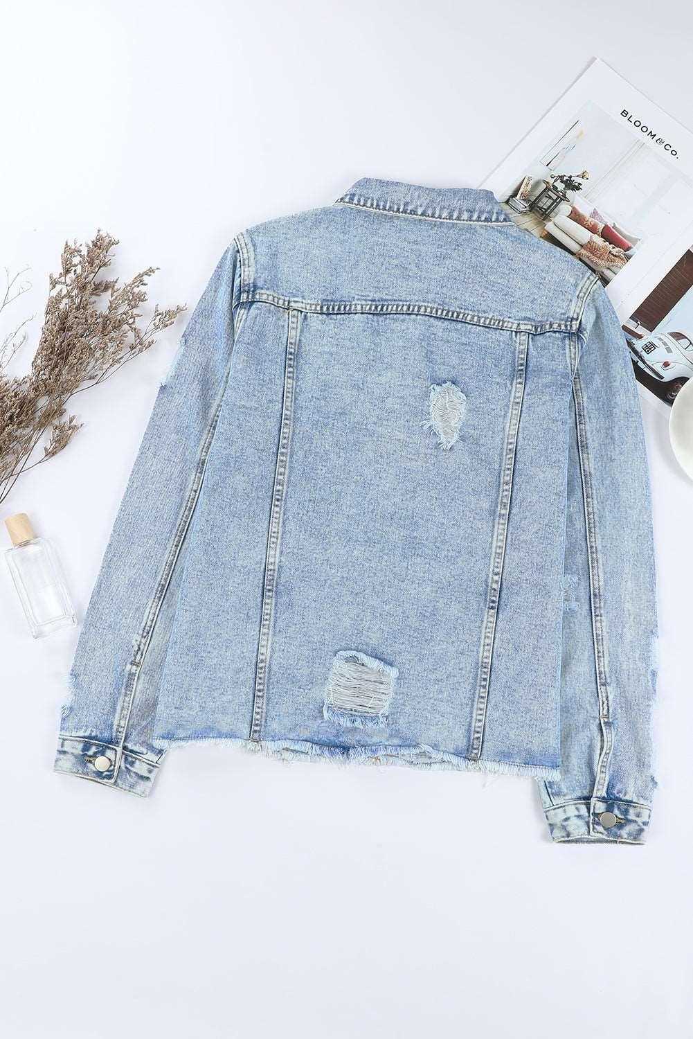 Black Casual Distressed Raw Hem Buttons Denim Jacket 