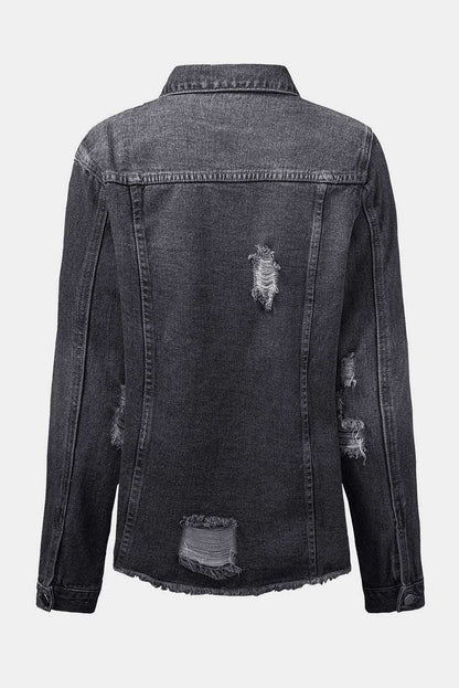 Black Casual Distressed Raw Hem Buttons Denim Jacket 