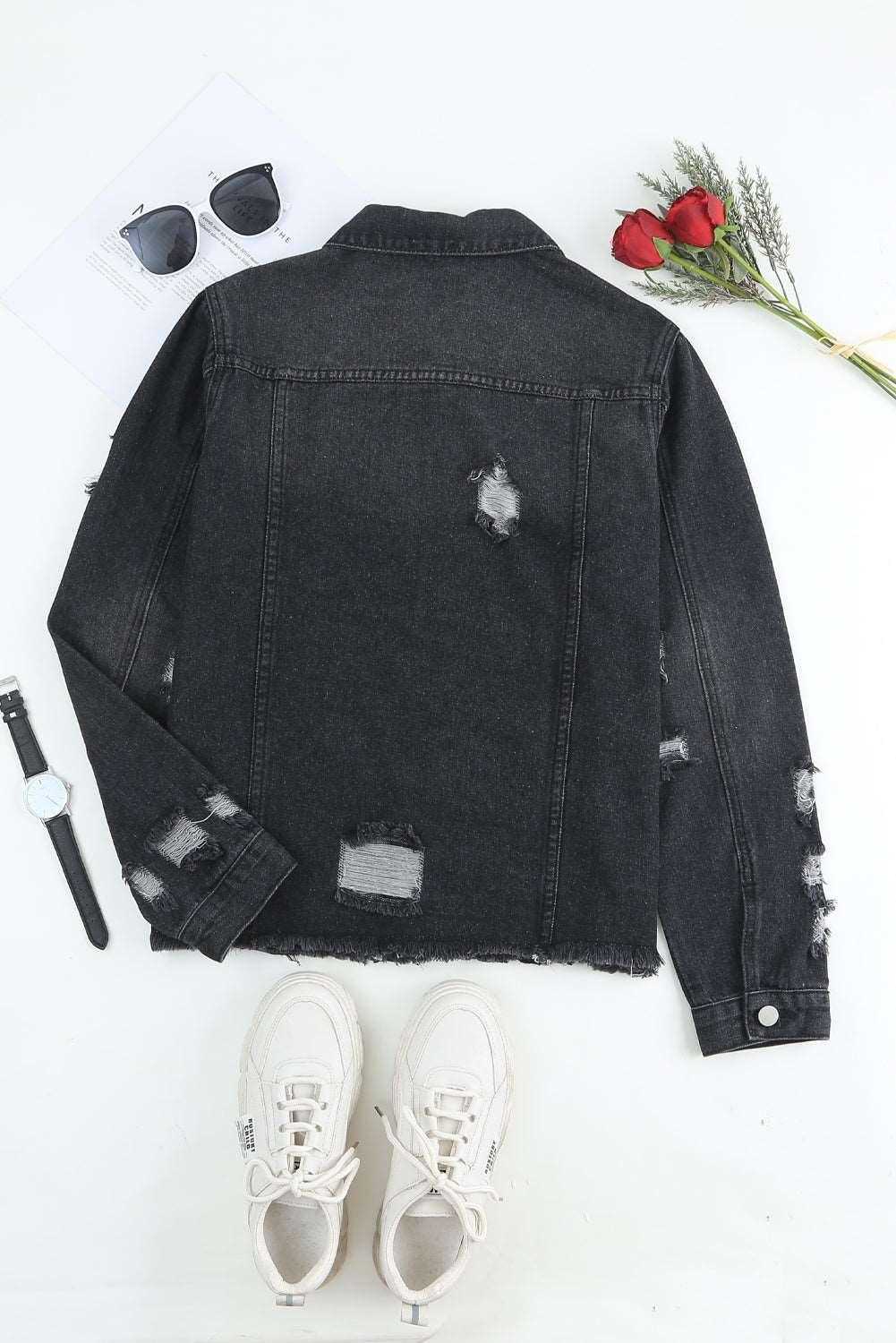 Black Casual Distressed Raw Hem Buttons Denim Jacket 