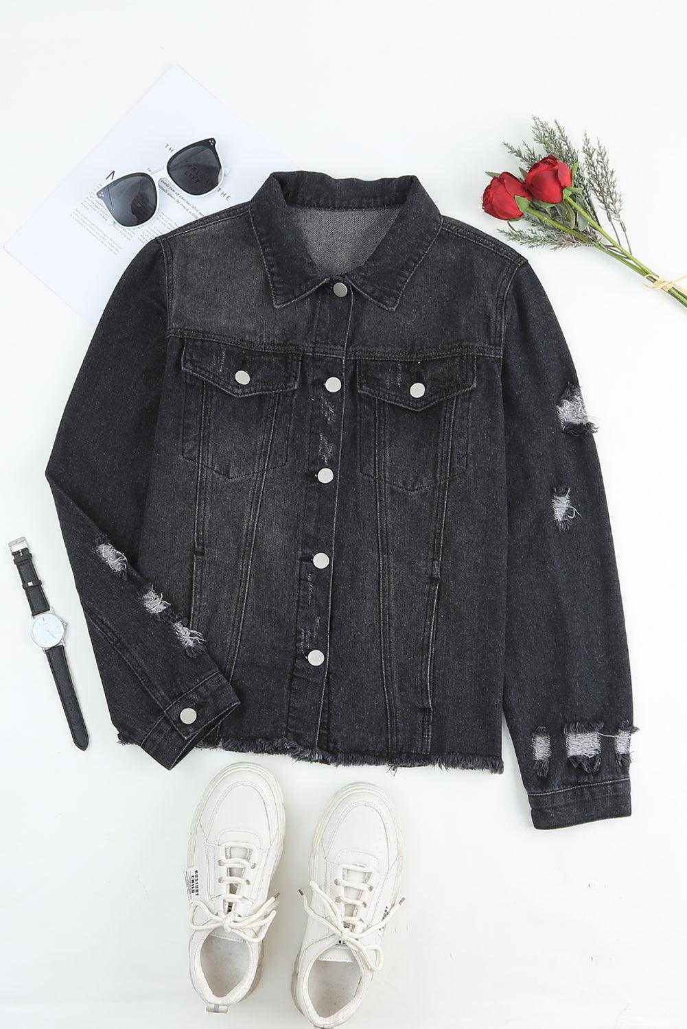 Black Casual Distressed Raw Hem Buttons Denim Jacket 