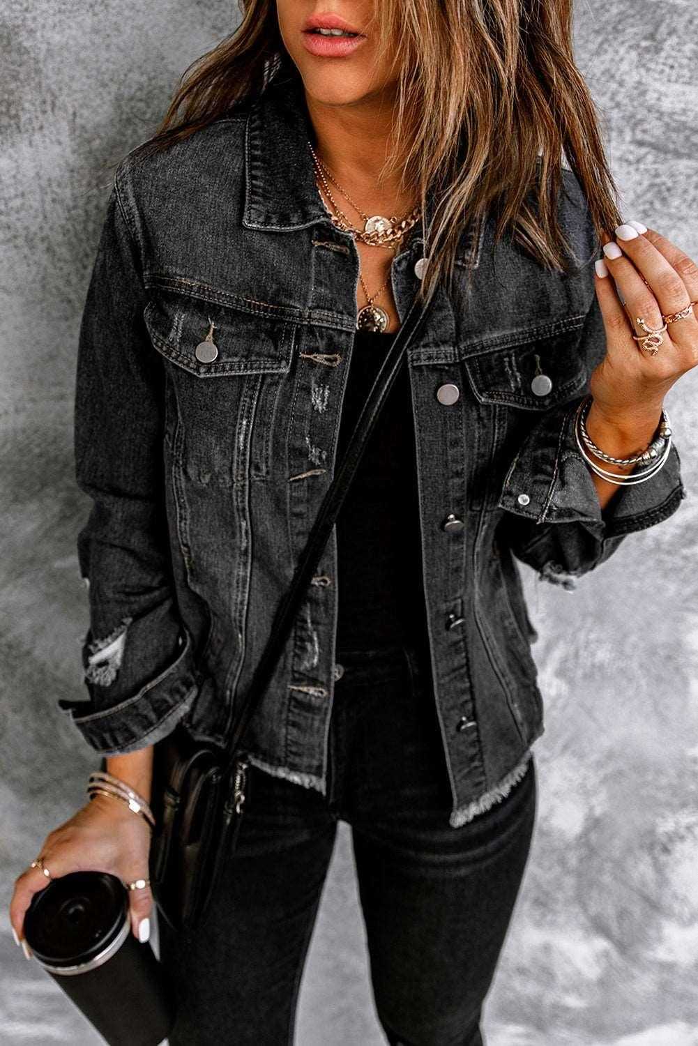 Black Casual Distressed Raw Hem Buttons Denim Jacket 