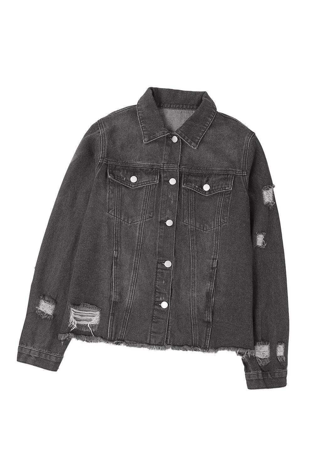 Black Casual Distressed Raw Hem Buttons Denim Jacket 