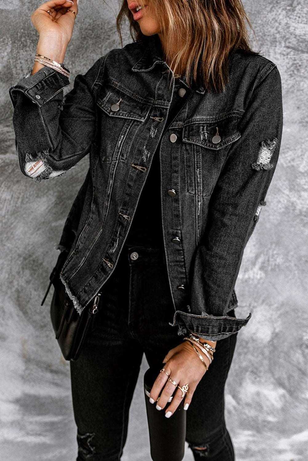 Black Casual Distressed Raw Hem Buttons Denim Jacket 