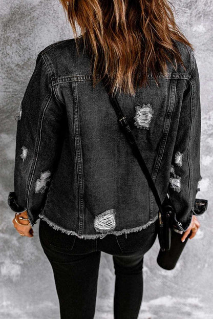 Black Casual Distressed Raw Hem Buttons Denim Jacket 