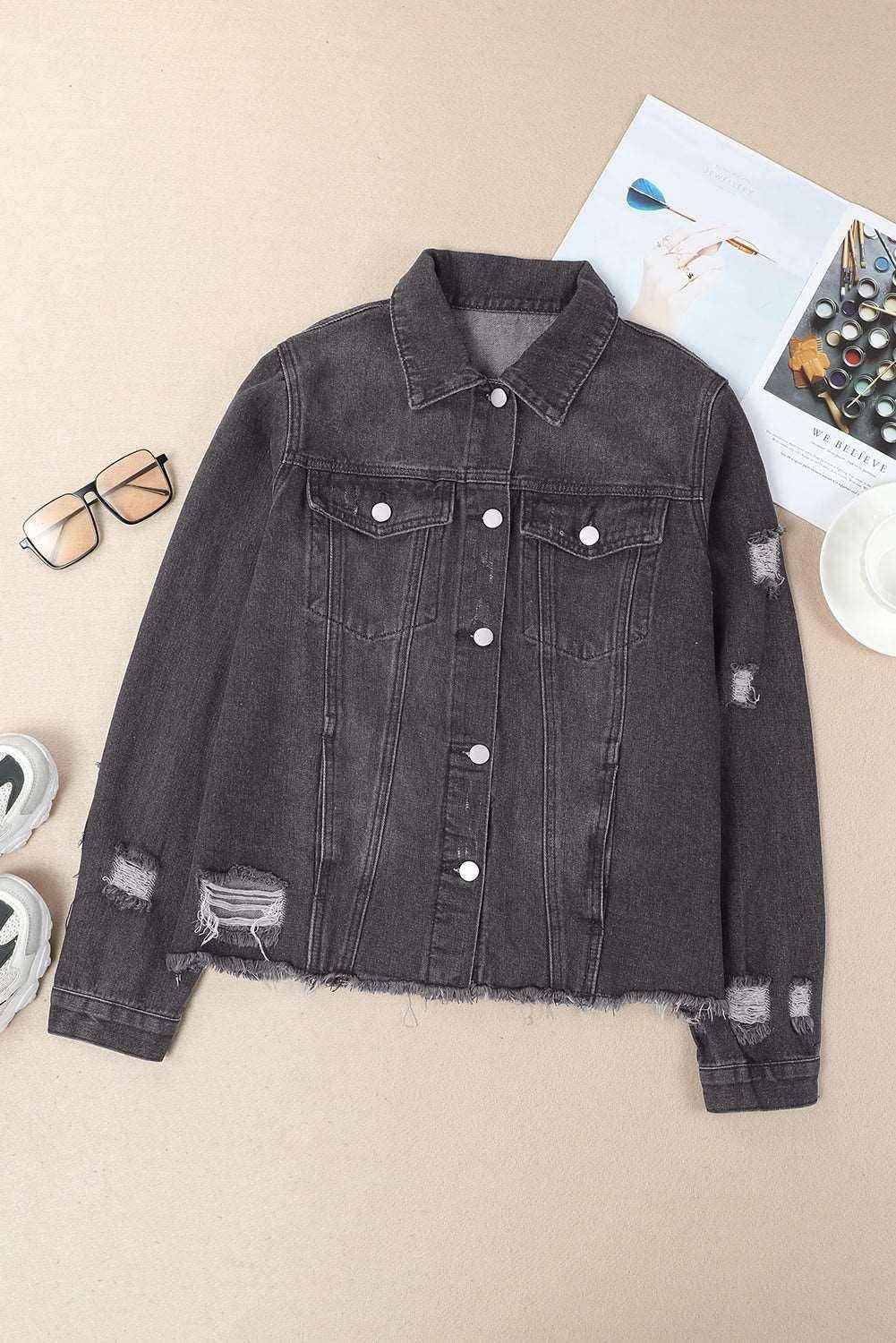 Black Casual Distressed Raw Hem Buttons Denim Jacket 