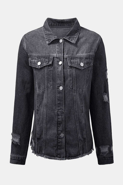 Black Casual Distressed Raw Hem Buttons Denim Jacket 