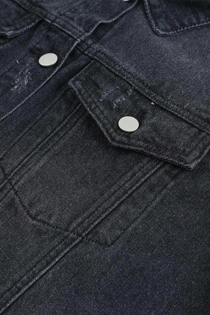 Black Casual Distressed Raw Hem Buttons Denim Jacket 