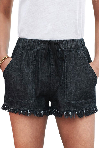 Black Casual Drawstring Pocketed Frayed Hem Denim Shorts - Vesteeto