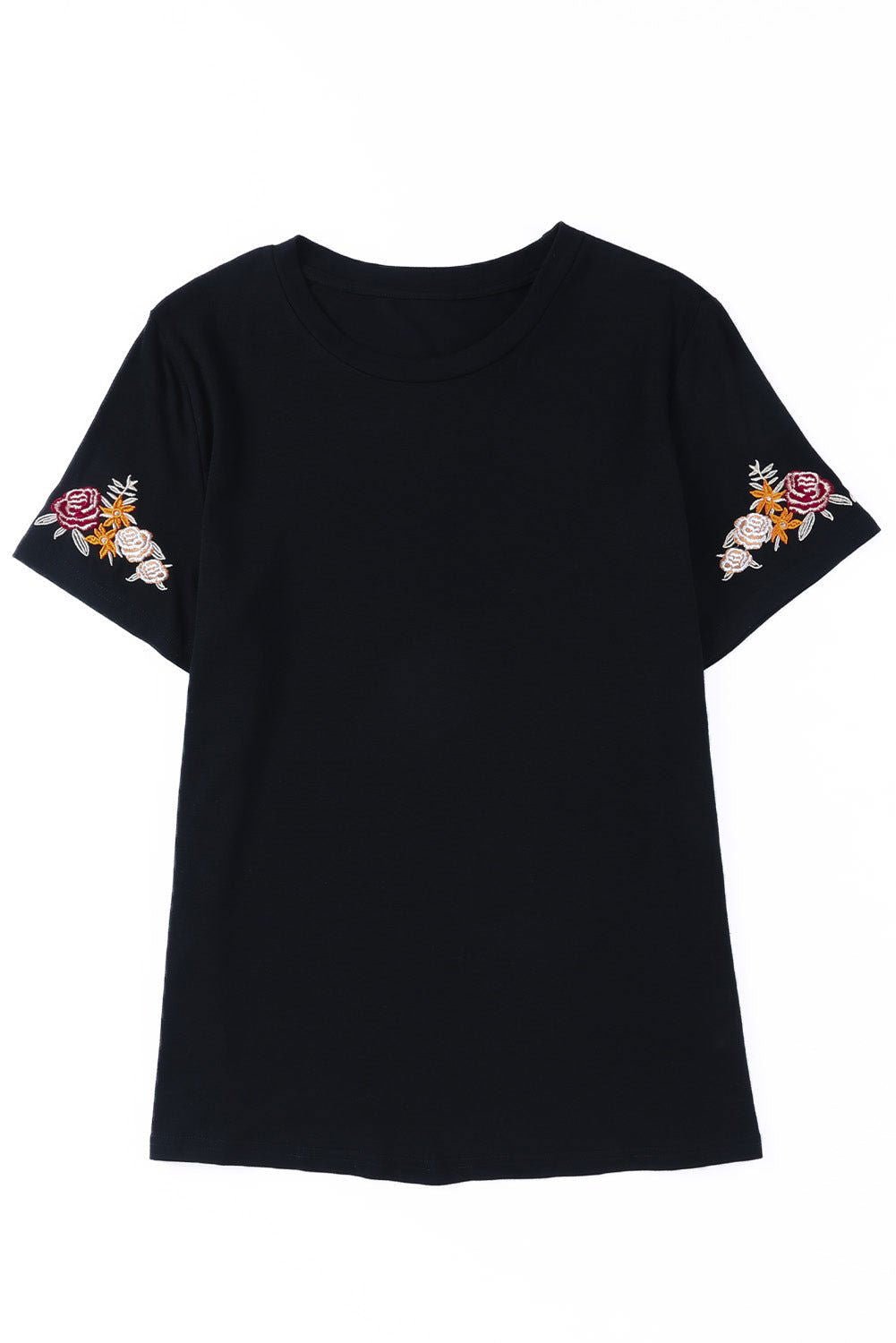 Black Casual Floral Embroidered Round Neck T Shirt - Vesteeto