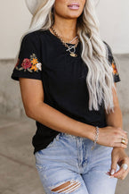 Black Casual Floral Embroidered Round Neck T Shirt - Vesteeto