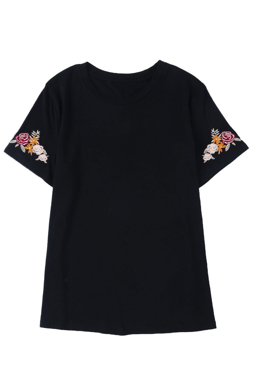 Black Casual Floral Embroidered Round Neck T Shirt - Vesteeto