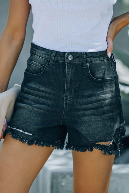 Black Casual Frayed High Waisted Denim Shorts - Vesteeto