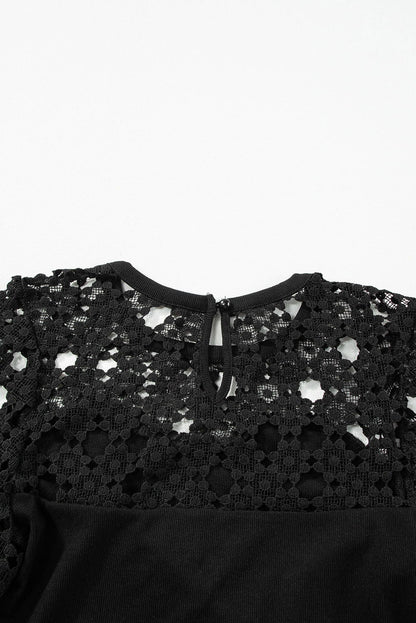 Black Casual Hollowed Lace Sleeve Splicing Blouse - Vesteeto