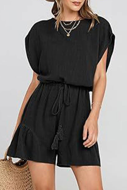 Black Casual Loose Drawstring Waist Short Sleeve Romper - Vesteeto