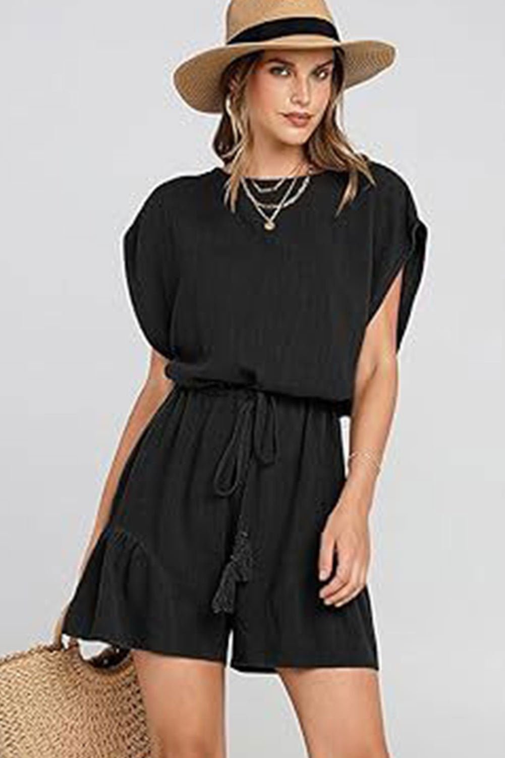 Black Casual Loose Drawstring Waist Short Sleeve Romper - Vesteeto