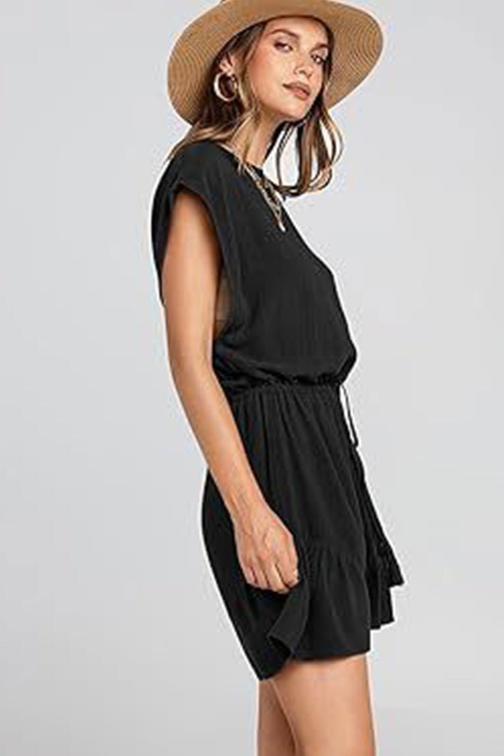 Black Casual Loose Drawstring Waist Short Sleeve Romper - Vesteeto