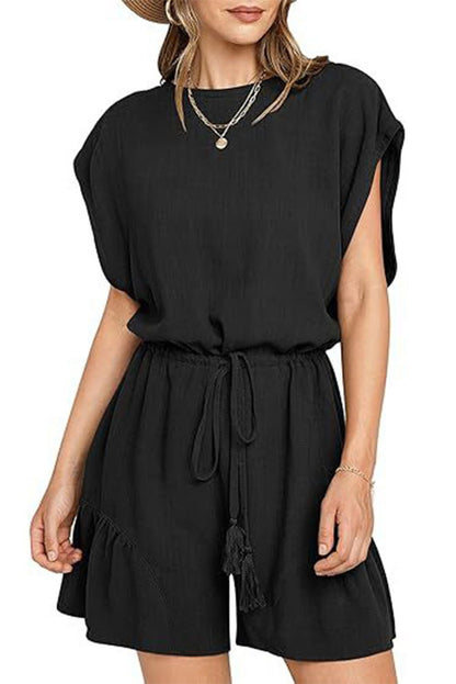 Black Casual Loose Drawstring Waist Short Sleeve Romper - Vesteeto