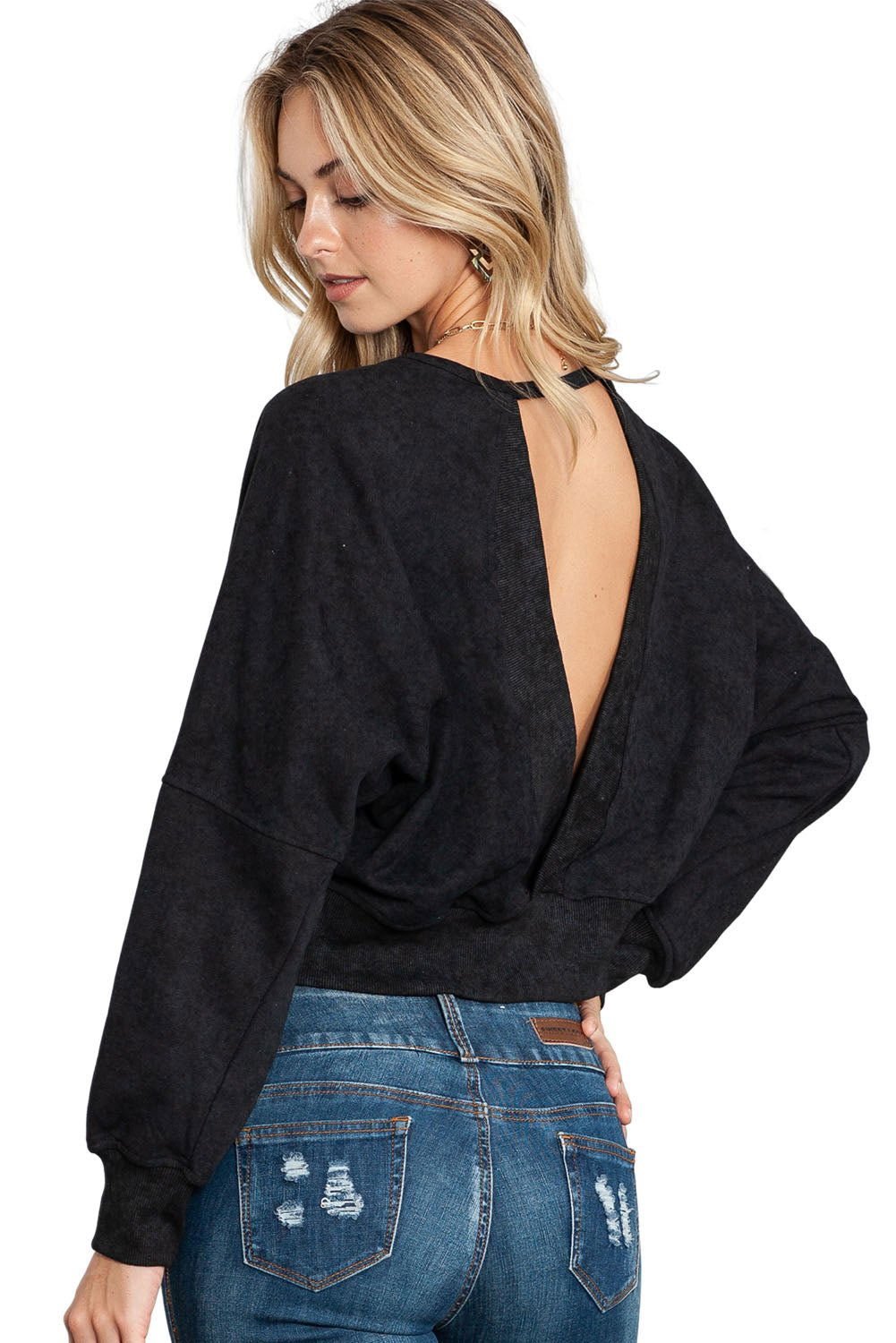 Black Casual One Strap V shape Open Back Sweatshirt - Vesteeto