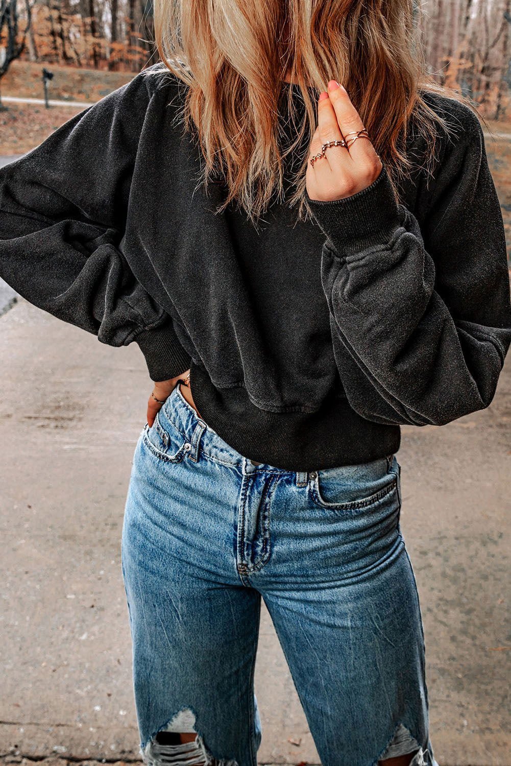 Black Casual One Strap V shape Open Back Sweatshirt - Vesteeto