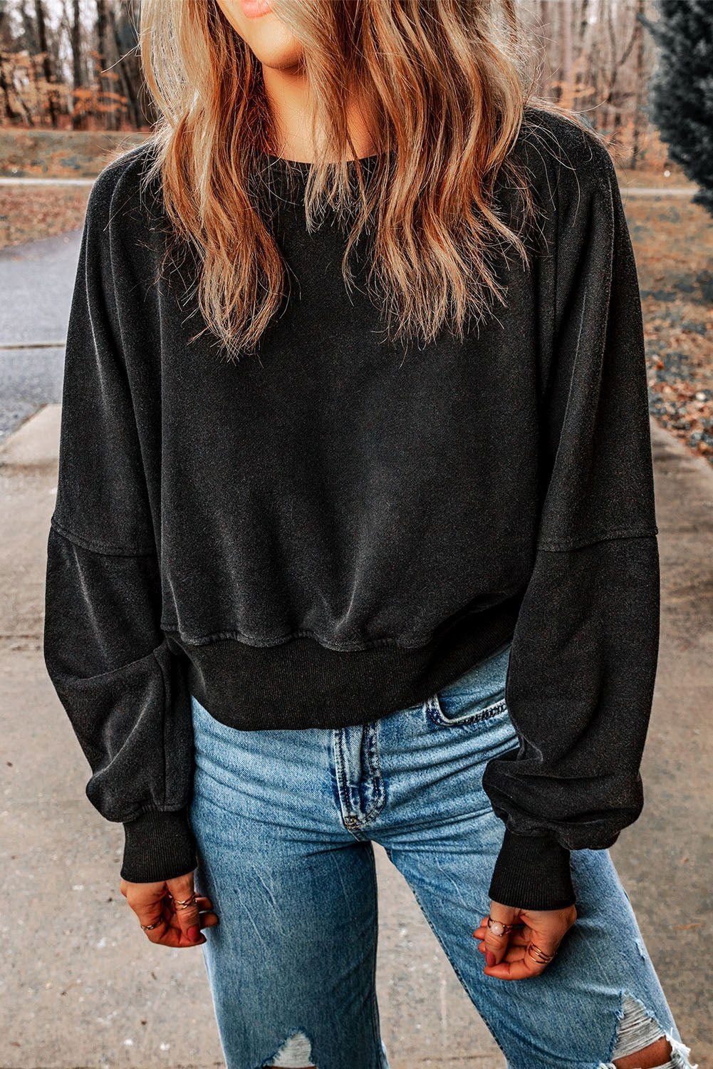 Black Casual One Strap V shape Open Back Sweatshirt - Vesteeto