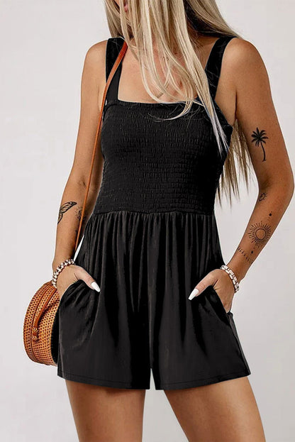 Black Casual Pocketed Smocked Sleeveless Romper - Vesteeto