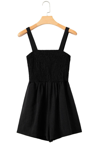 Black Casual Pocketed Smocked Sleeveless Romper - Vesteeto