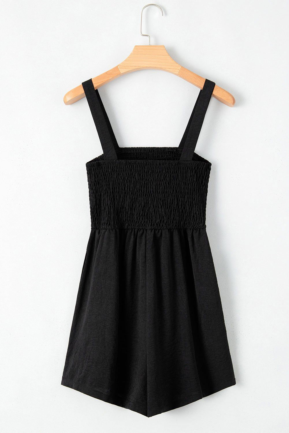 Black Casual Pocketed Smocked Sleeveless Romper - Vesteeto