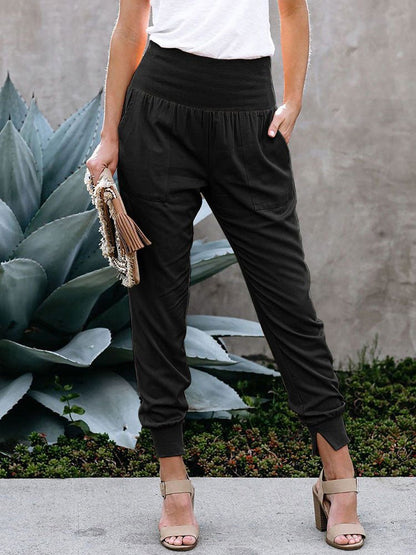 Black Casual Pocketed Tapered Elastic Waist Joggers - Vesteeto