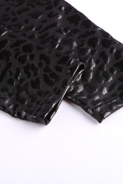 Black Casual Shiny Leopard Print Cropped Leggings - Vesteeto