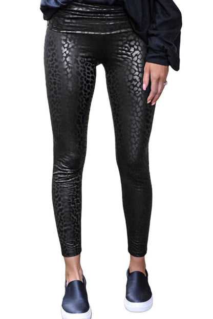 Black Casual Shiny Leopard Print Cropped Leggings - Vesteeto