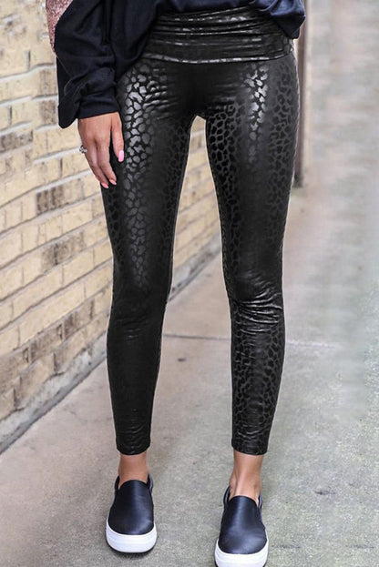 Black Casual Shiny Leopard Print Cropped Leggings - Vesteeto