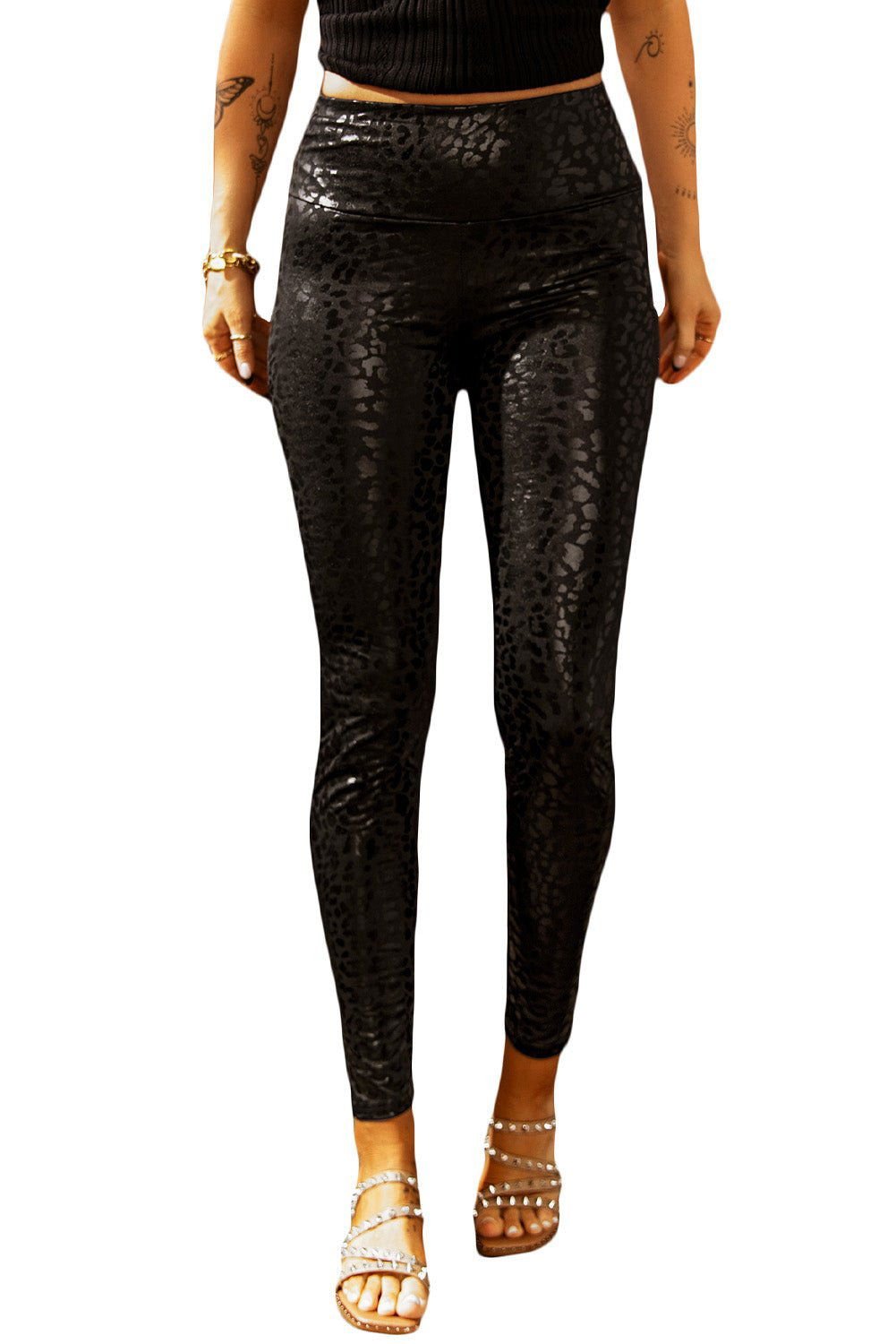 Black Casual Shiny Leopard Print Cropped Leggings - Vesteeto