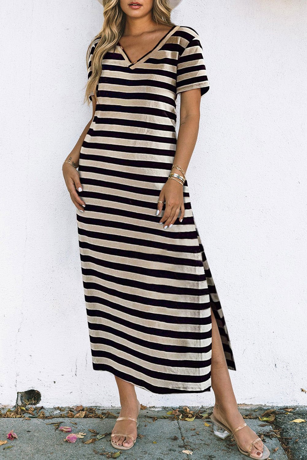 Black Casual Striped Print V Neck Side Split Maxi Dress - Vesteeto