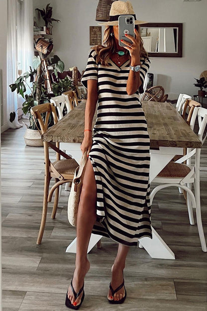 Black Casual Striped Print V Neck Side Split Maxi Dress - Vesteeto