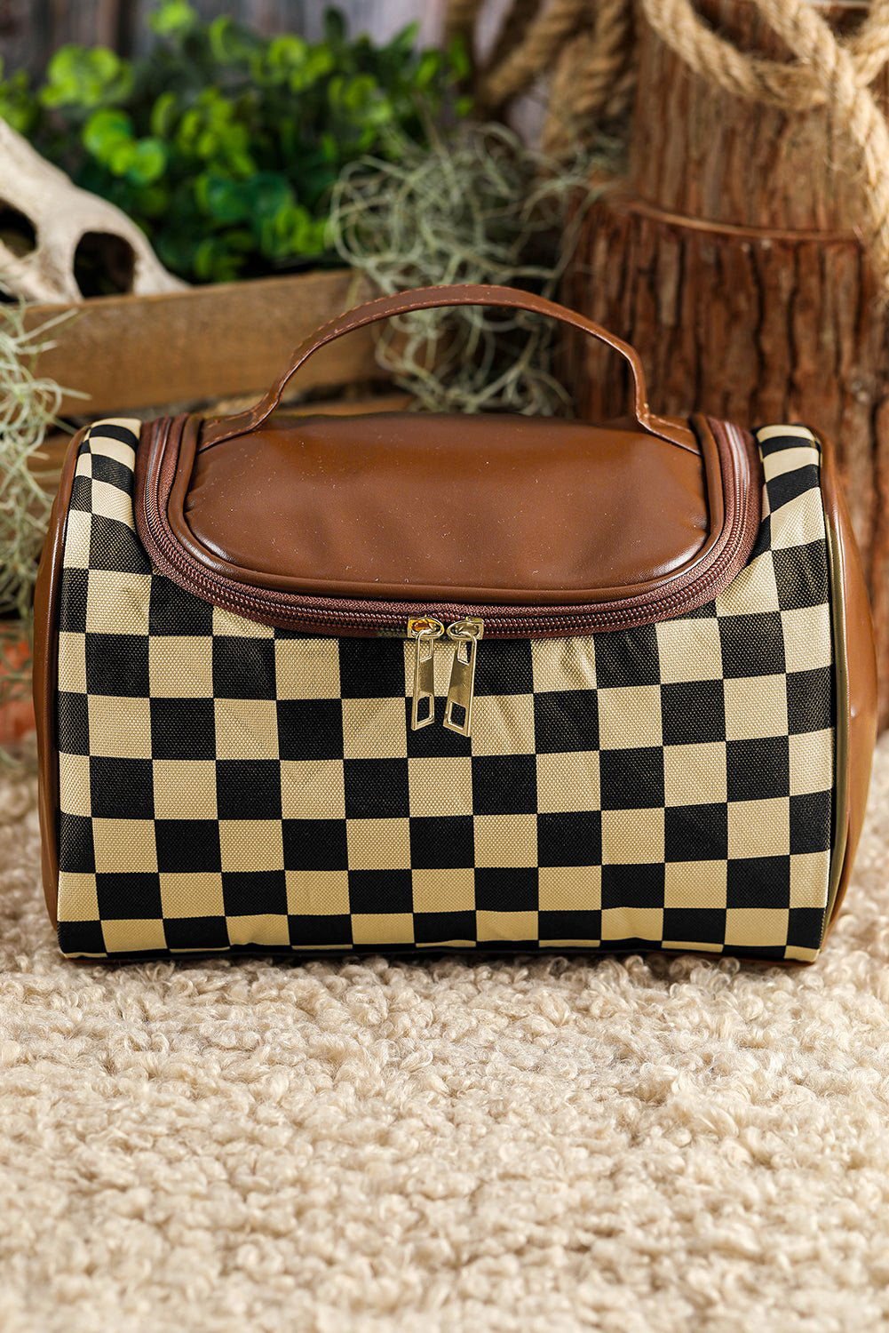 Black Checker Print Leather Zipper Makeup Bag - Vesteeto