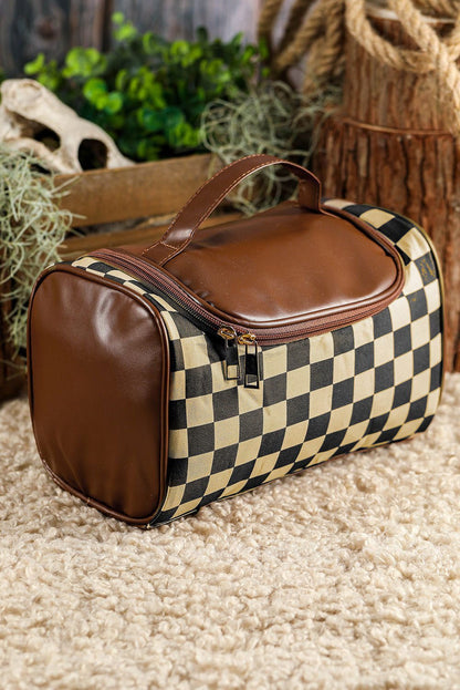 Black Checker Print Leather Zipper Makeup Bag - Vesteeto