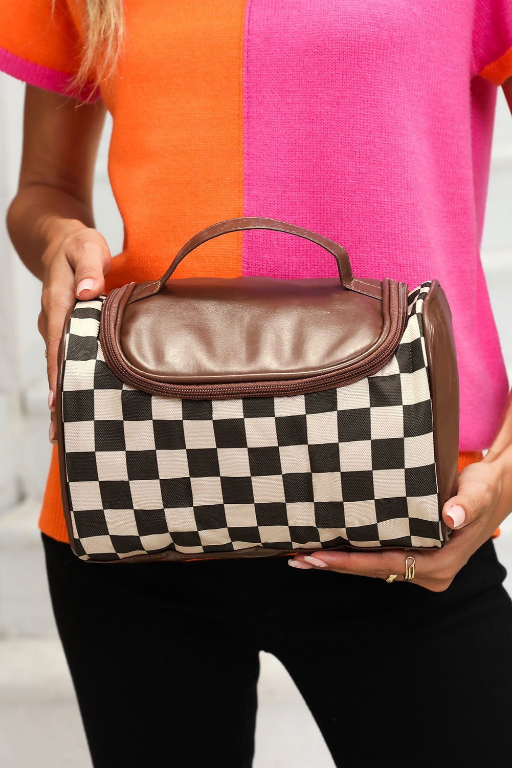 Black Checker Print Leather Zipper Makeup Bag - Vesteeto