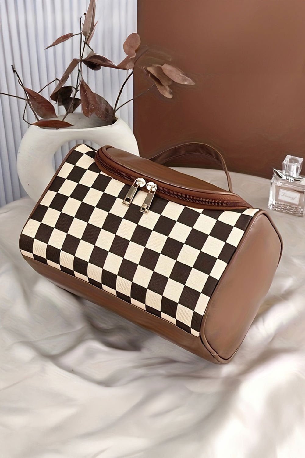 Black Checker Print Leather Zipper Makeup Bag - Vesteeto