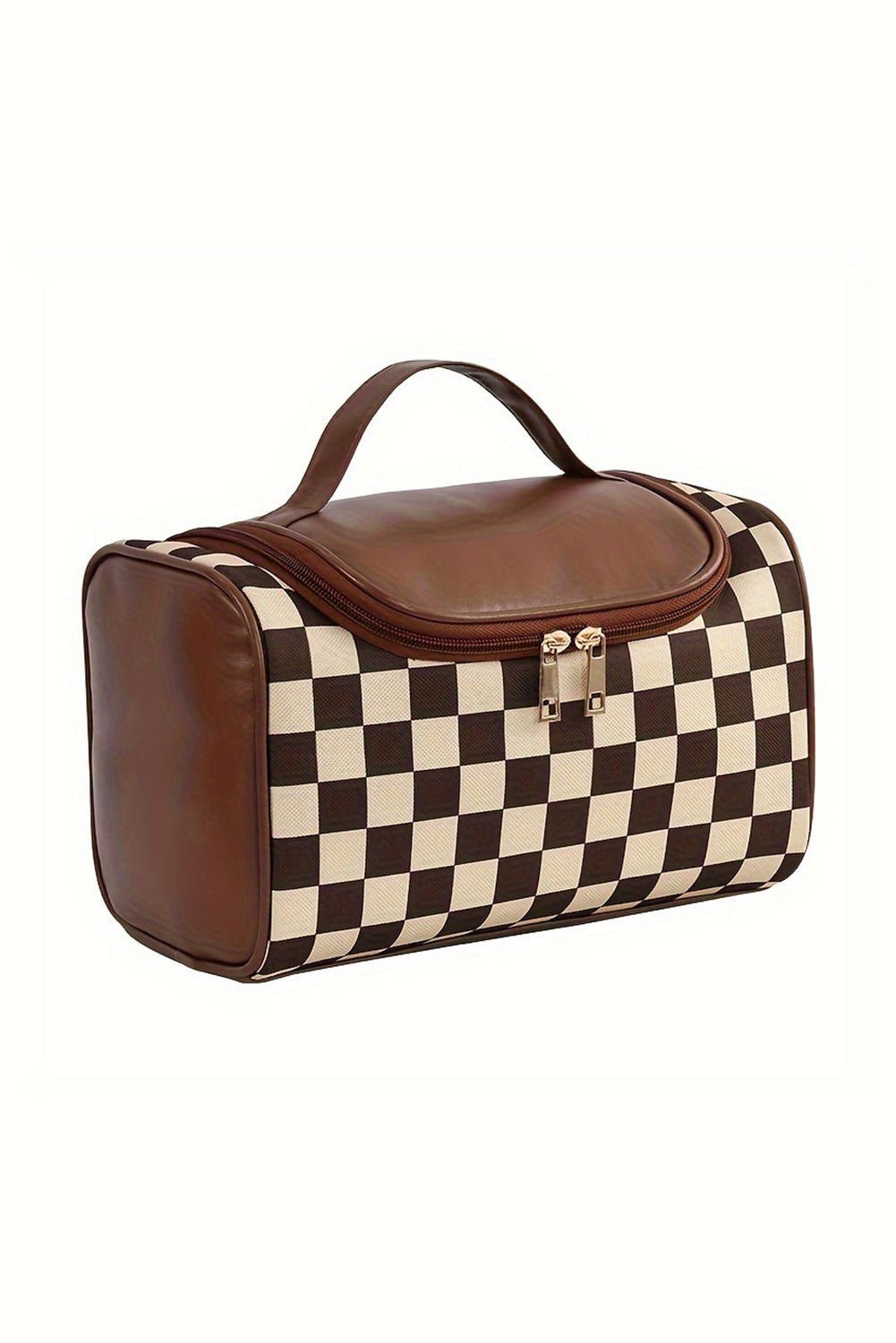 Black Checker Print Leather Zipper Makeup Bag - Vesteeto