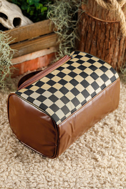 Black Checker Print Leather Zipper Makeup Bag - Vesteeto