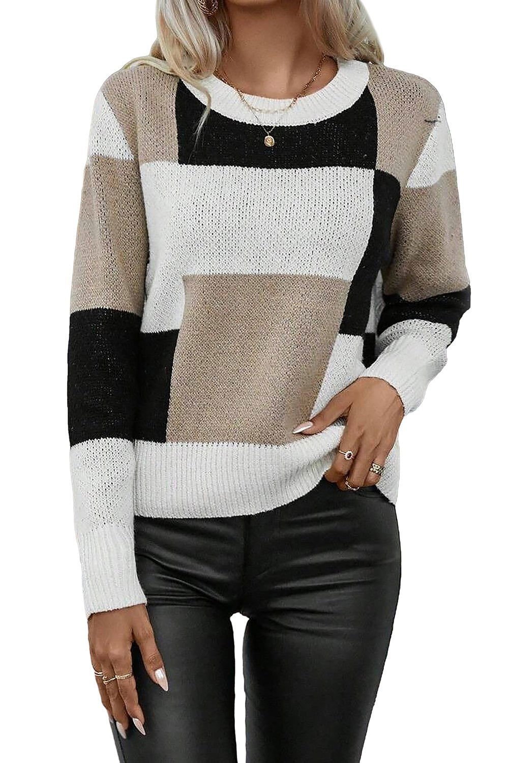 Black Checkered Colorblock Round Neck Knit Sweater - Vesteeto