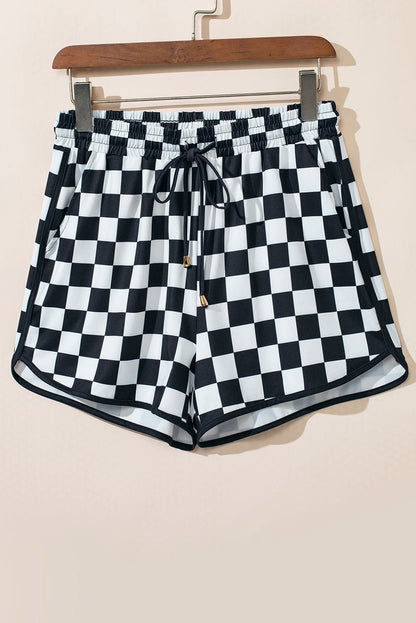 Black Checkered Drawstring Elastic Waist Casual Shorts - Vesteeto