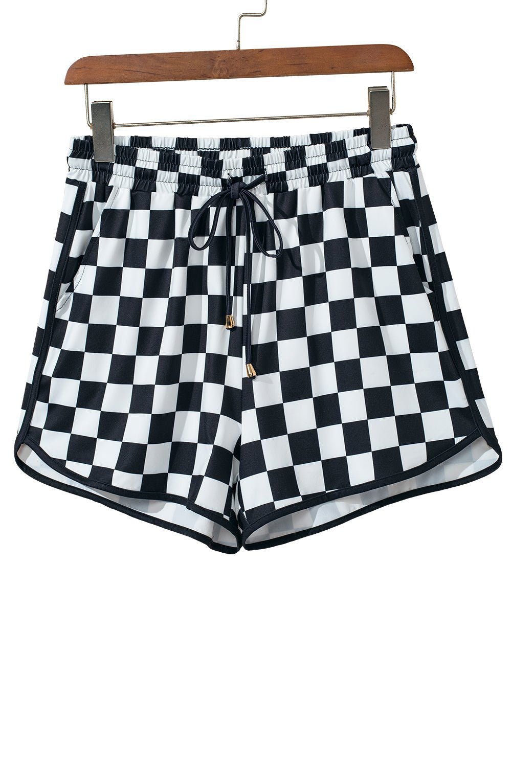 Black Checkered Drawstring Elastic Waist Casual Shorts - Vesteeto