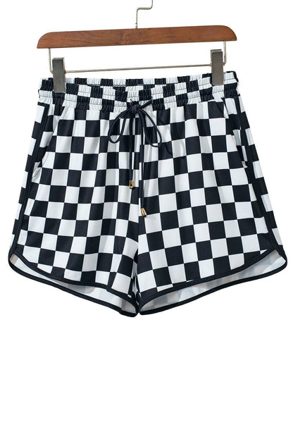 Black Checkered Drawstring Elastic Waist Casual Shorts - Vesteeto