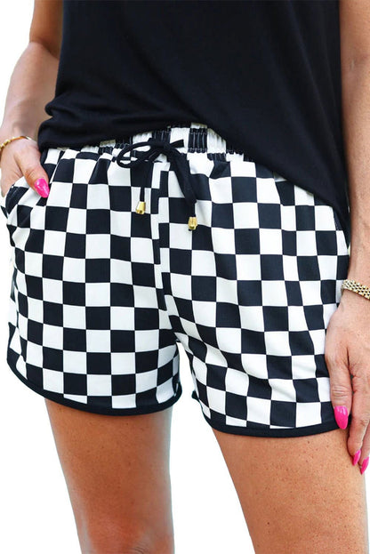 Black Checkered Drawstring Elastic Waist Casual Shorts - Vesteeto