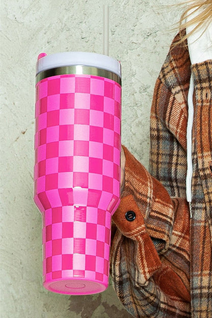 Black Checkered Print Handled Stainless Steel Tumbler Cup - Vesteeto